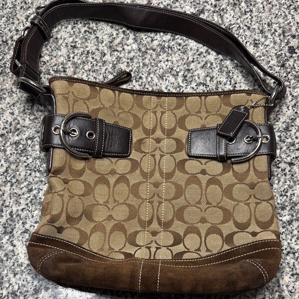 Coach Tan and Brown Signature Shoulder Bag